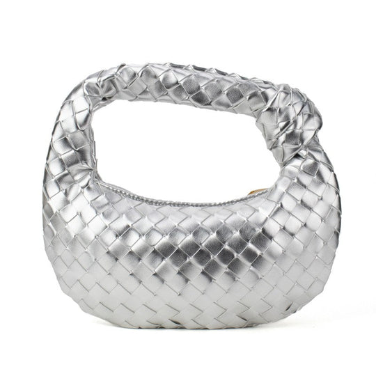 Knotted woven handbag in silver, braided knot handle, woven texture