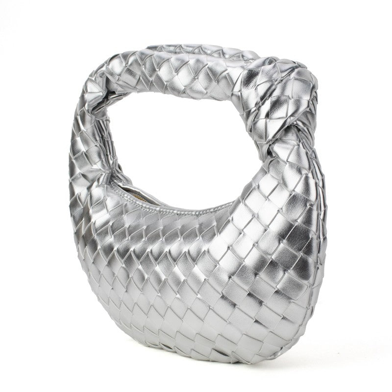 Silver knotted woven handbag, braided loop handle, textured woven pattern
