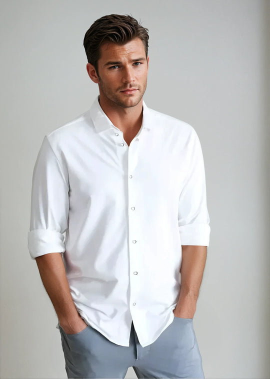 White button-up shirt on model, rolled 3/4 sleeves, collared neckline, button-front placket