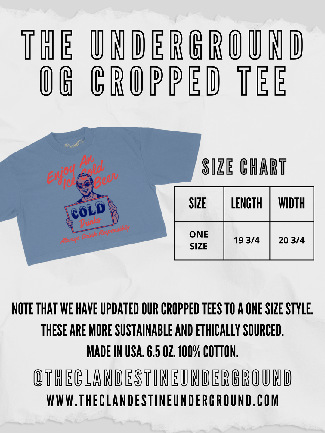UG cropped tee size chart: One size length 19 3/4, width 20 3/4