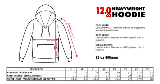 12 oz heavyweight hoodie size chart diagram with sleeve length and body width labels