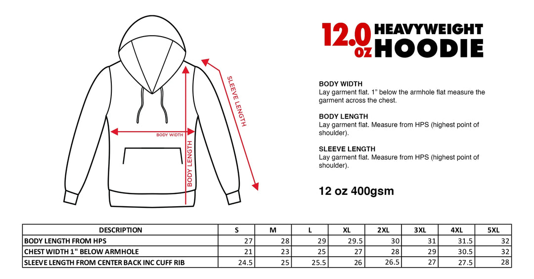 Courage Hoodie measurement diagram with sleeve height and body length/width by size