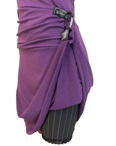 Purple Bike Date Dress close-up of ruched side with pocket and zipper detail