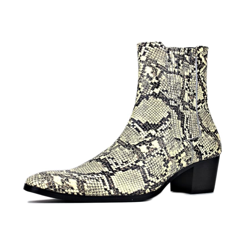 Chelsea boots in beige snake-skin print with side elastic panels and block heel