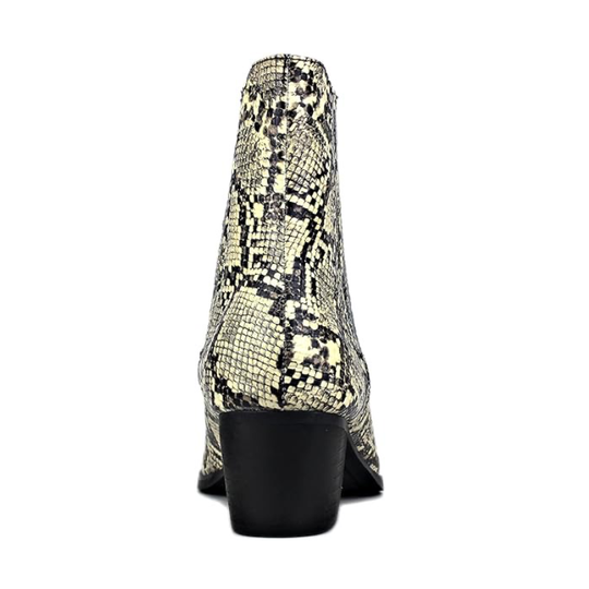 Back view: beige snake-skin chelsea boots with black heel and pull-on top