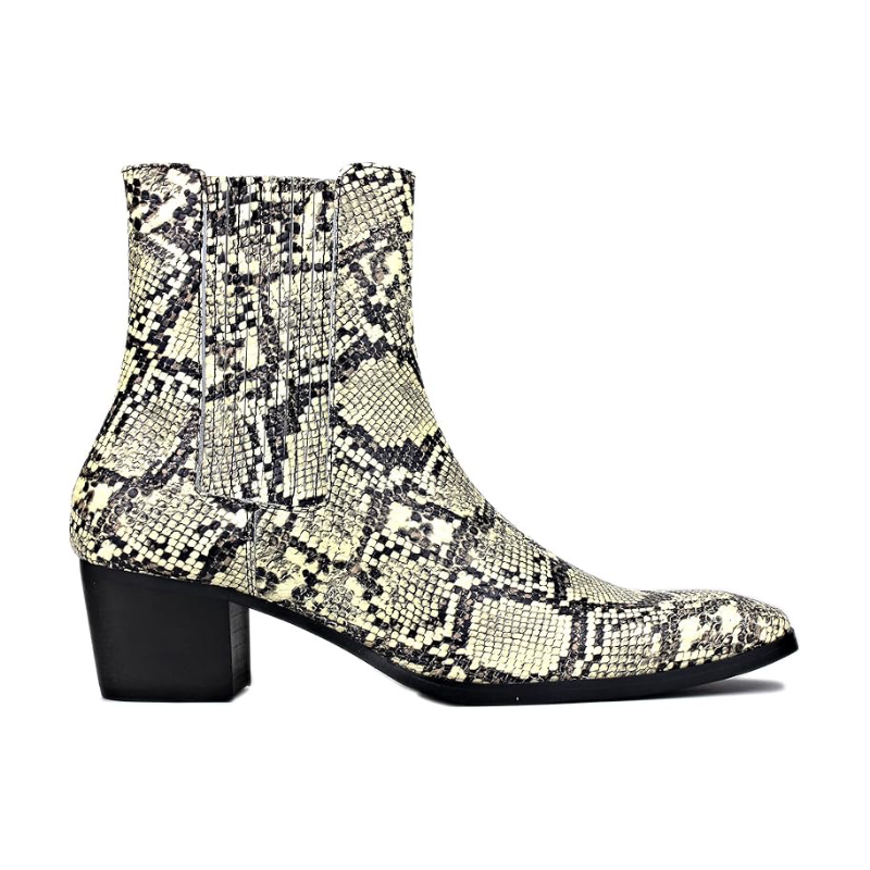 Beige chelsea boots with snake-skin pattern, side elastic gore and black block heel