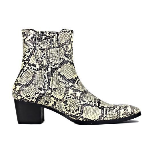 Beige chelsea boots with snake-skin pattern, side elastic gore and black block heel