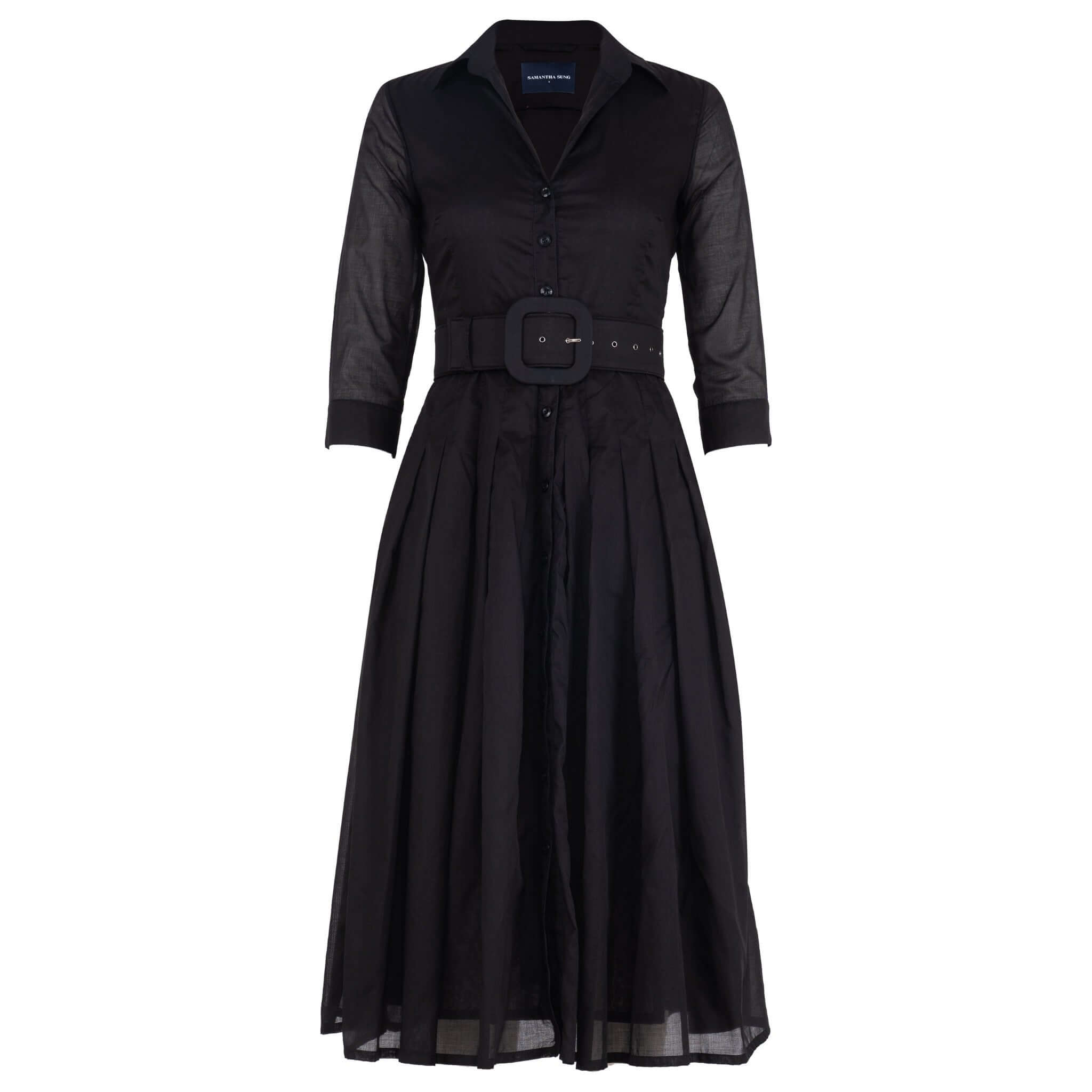 Audrey black shirt dress with button collar and waist belt, pleated midi skirt
