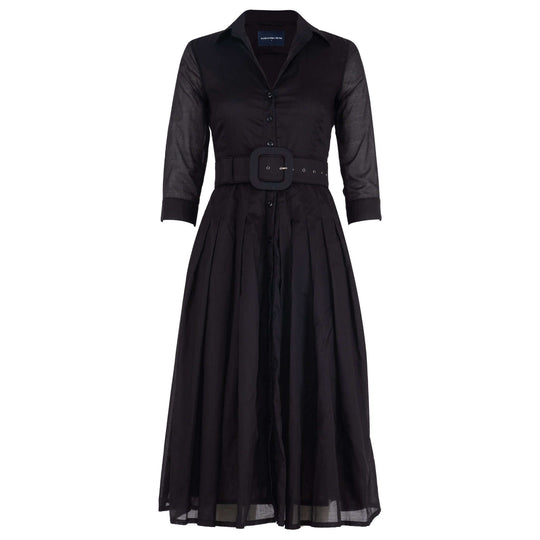 Audrey black shirt dress with button collar and waist belt, pleated midi skirt