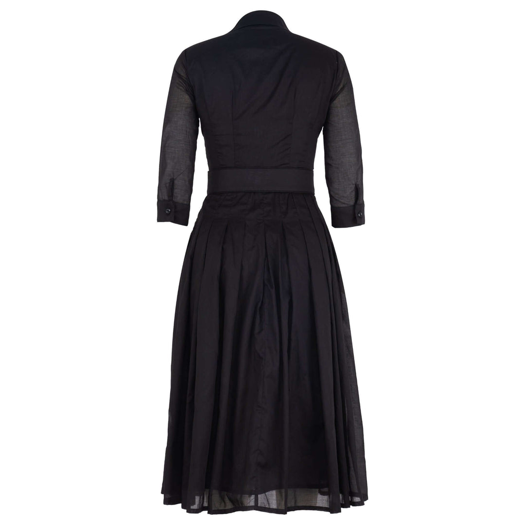 Audrey black dress back with belt, button cuffs, and pleated midi skirt