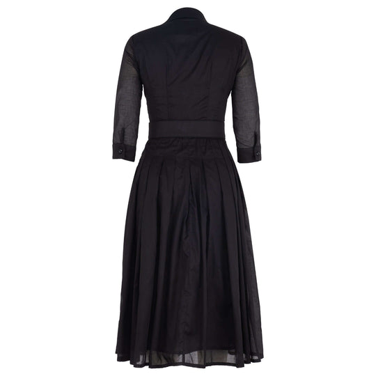 Audrey black dress back with belt, button cuffs, and pleated midi skirt