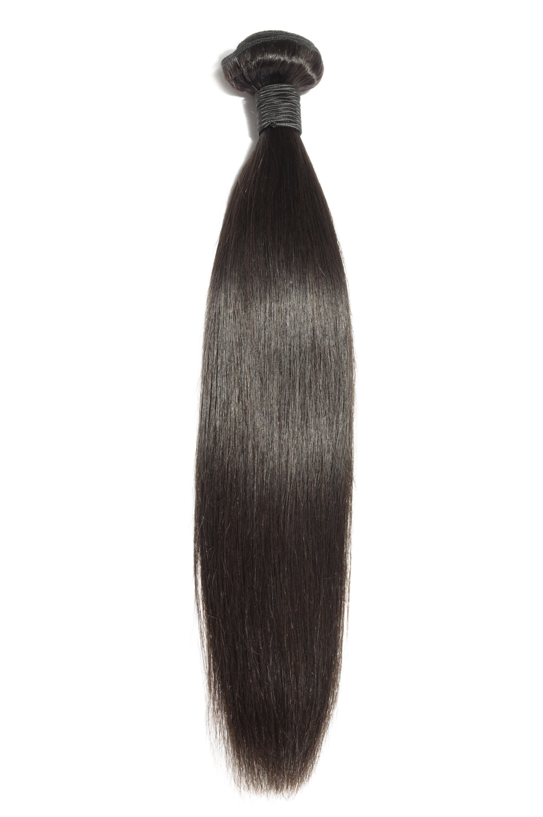 Straight hair bundle, dark tone, neatly gathered at the top