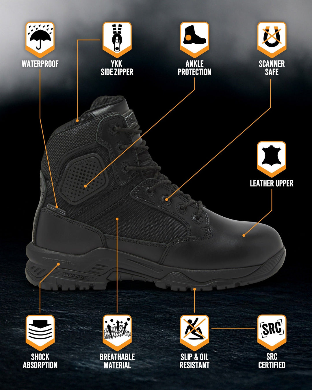 Black waterproof tactical boot diagram with safety icons and side view