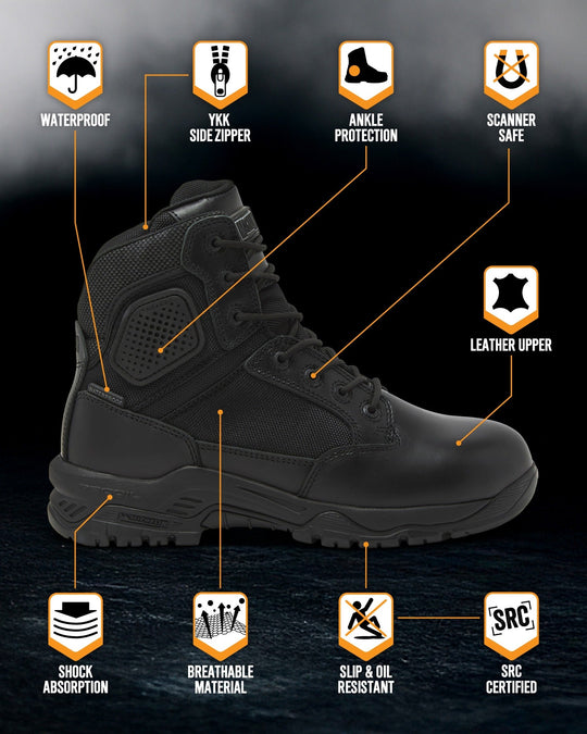 Black waterproof tactical boot diagram with safety icons and side view
