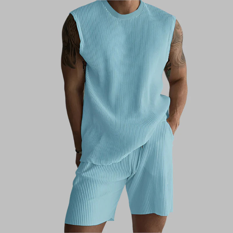 Blue ribbed sleeveless tank with matching pleated shorts set for men