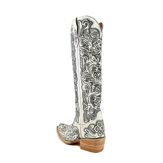 Weiße Damen-Cowboystiefel, hoher Schaft, handgeprägte Verzierungen, Blockabsatz
