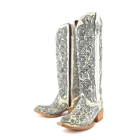 Weiße Damen-Cowboystiefel, handgeprägte Ornamente, seitlicher Einsatz, Blockabsatz