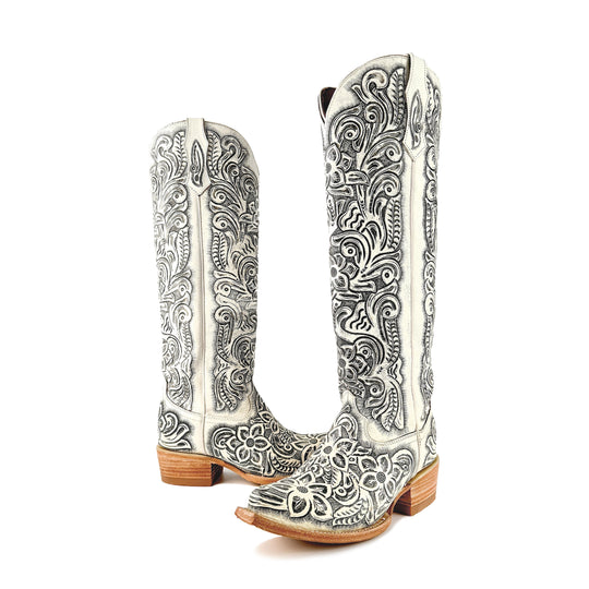 Weiße Damen-Cowboystiefel mit handgeprägtem Muster, hoher Schaft, Blockabsatz