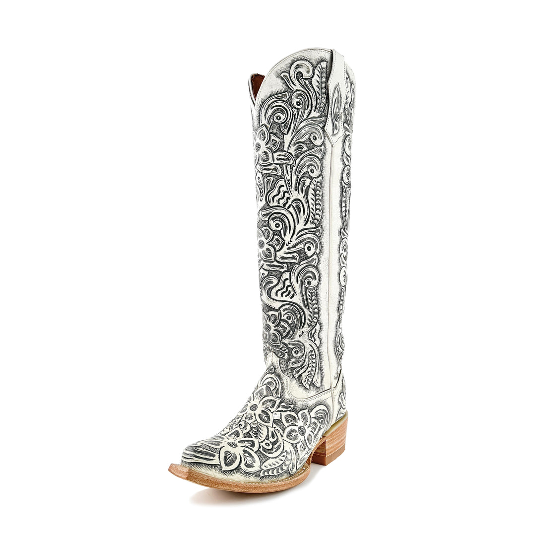 Weiße Damen-Cowboystiefel mit handgeprägten Verzierungen, hoher Schaft, Blockabsatz