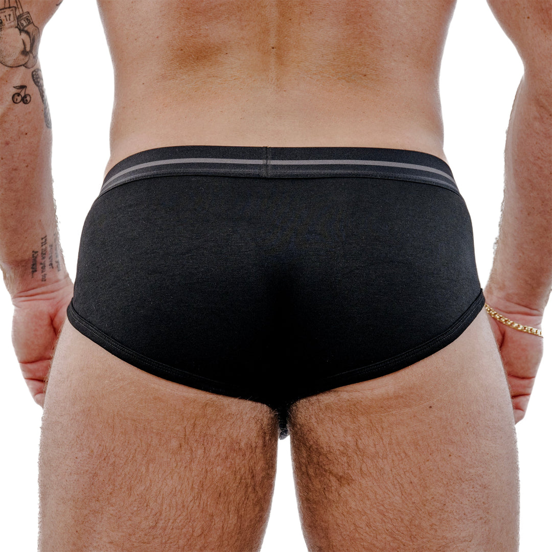 Black standard brief back view with gray waistband band