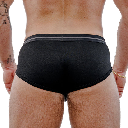 Black standard brief back view with gray waistband band
