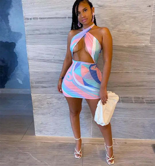 Pastel rainbow halter bodycon mini dress, Color B, crisscross open-back detail