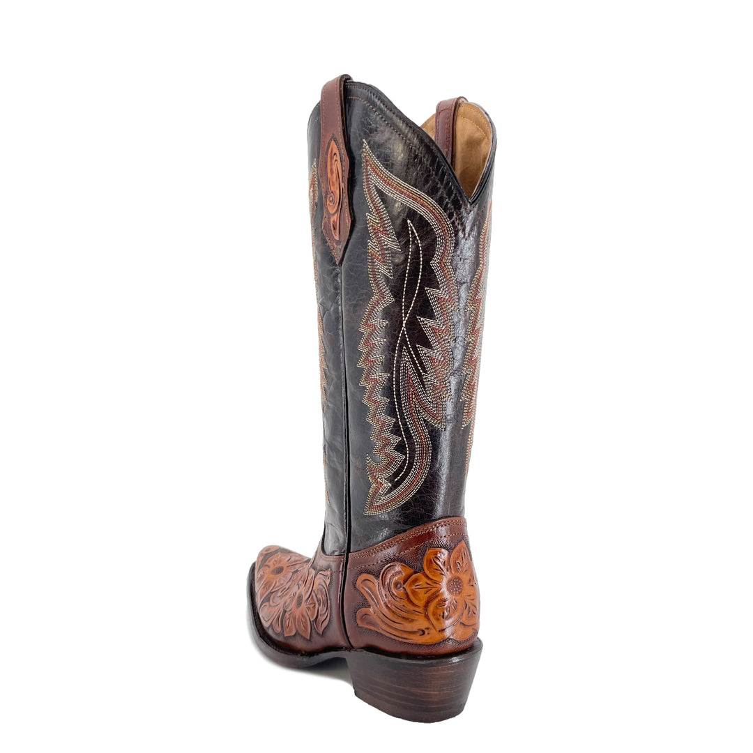 Damen Texan-Stiefel Rückansicht: florale Prägung am Schaft, brauner Blockabsatz