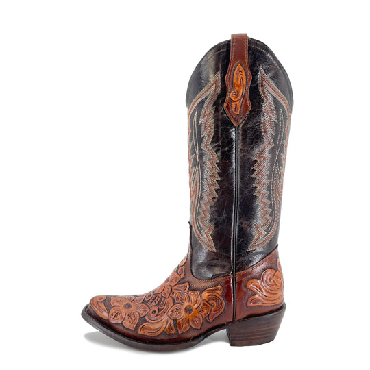 Damen Texan-Stiefel Seitenansicht: dunkles Oberleder, Ziersteppung, florale Prägungen