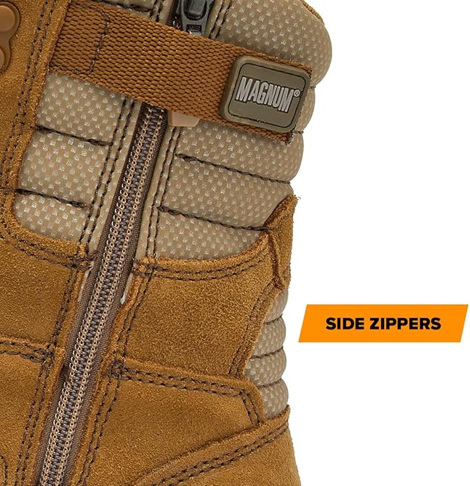 Coyote suede boot side zipper with textured paneling and metal pull tab