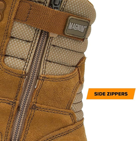 Coyote suede boot side zipper with textured paneling and metal pull tab