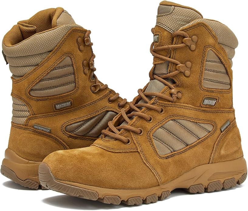Coyote pair of lace-up work boots with waterproof suede and padded ankle collar