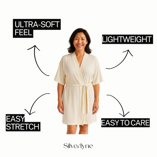 Silverlyne Tencel short robe, light beige, wrap V-neck and waist sash