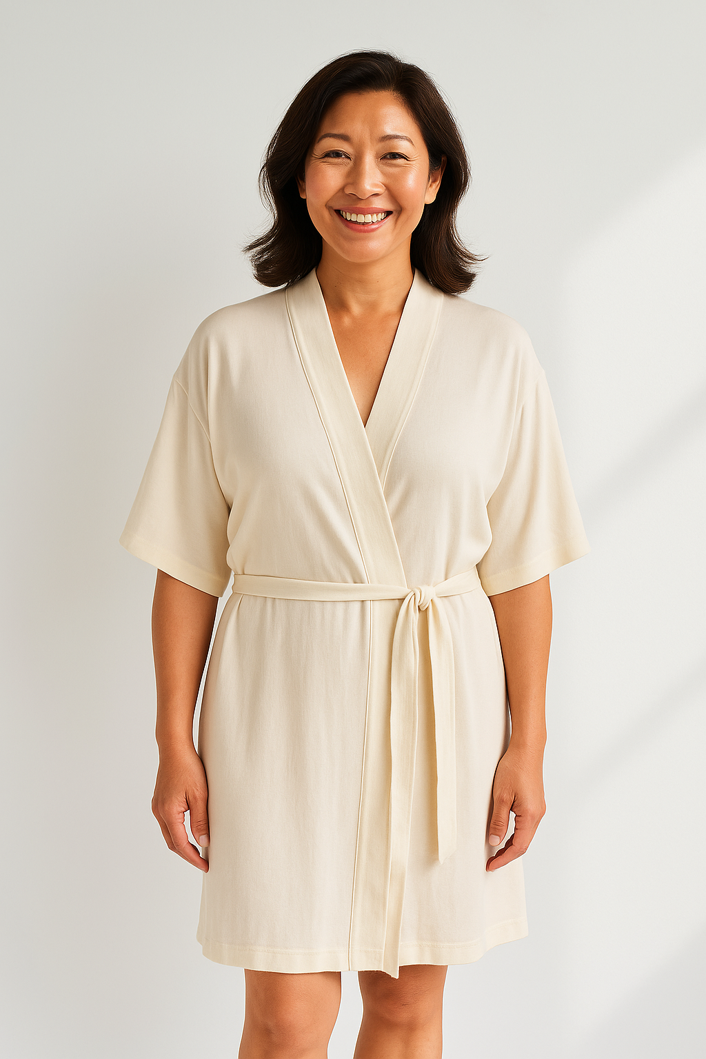 Tencel short-sleeve robe, beige, V-neck with tie belt