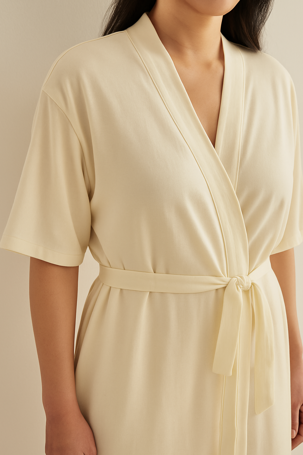 Beige robe close-up: V-neck and tie-belt at waist