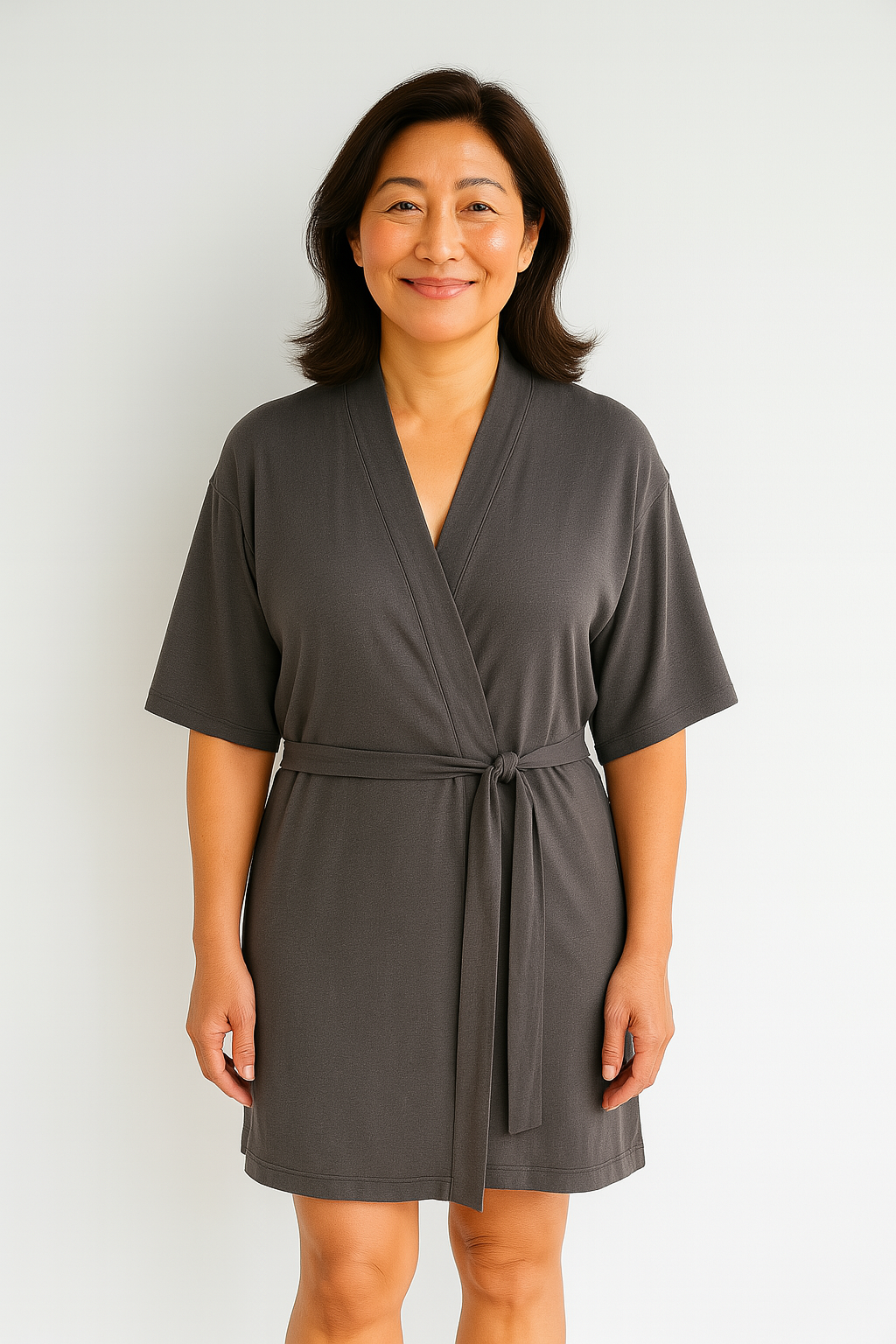Short-sleeve robe, dark gray, V-neck with waist tie