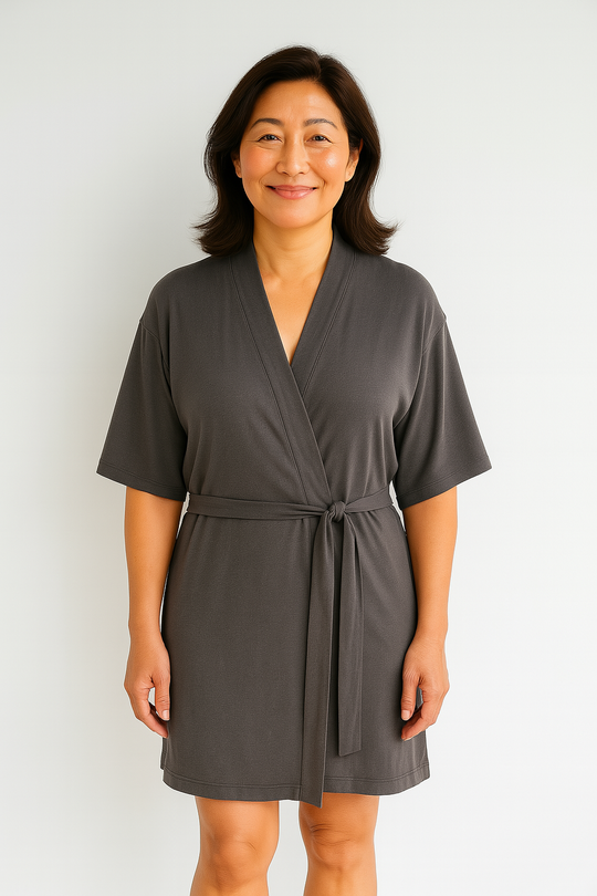 Short-sleeve robe, dark gray, V-neck with waist tie