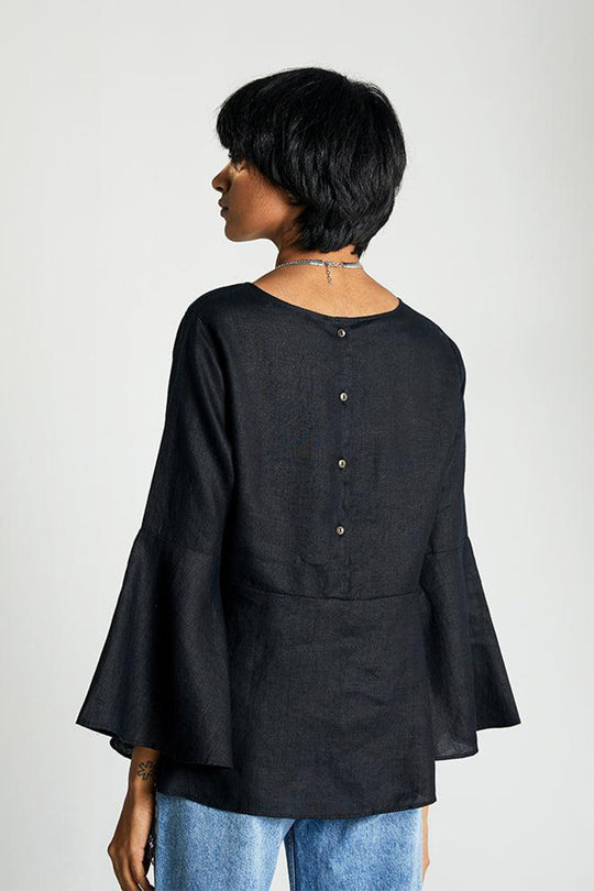 DC-Reistor Button Back Shirt—black back with center button placket and button closure.