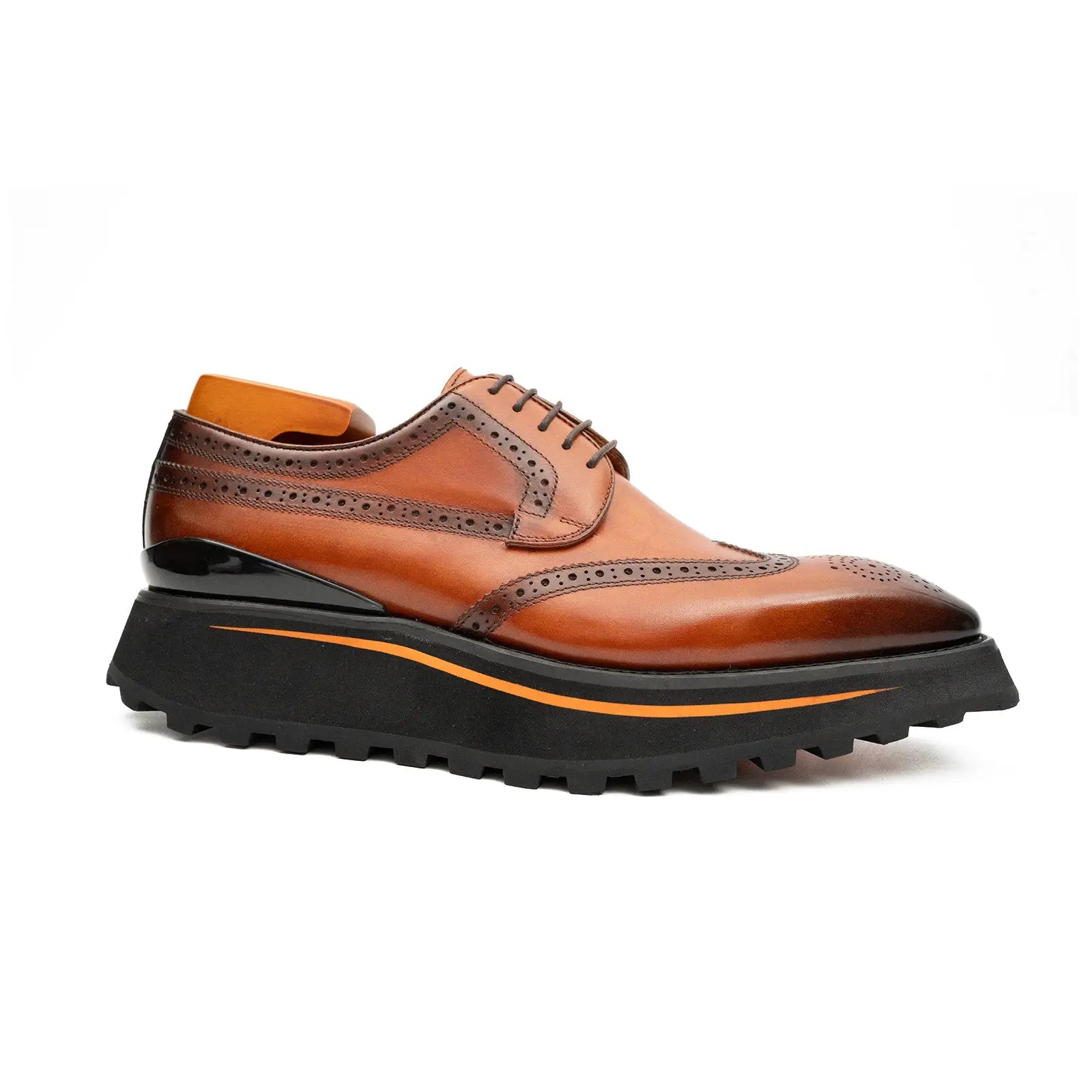 Brown calfskin brogue derby shoes with thick black sole and lace-up closure