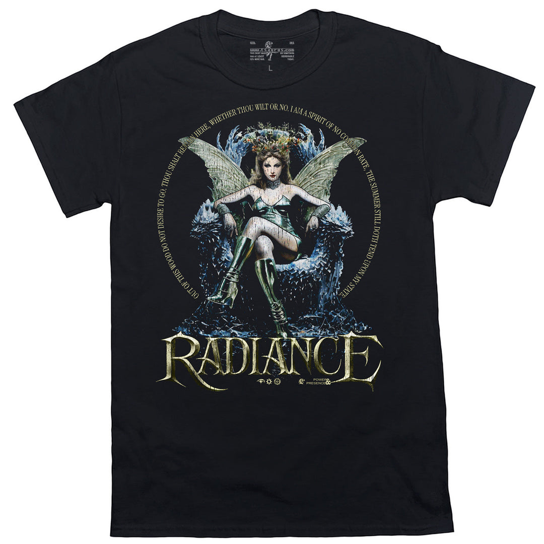 Black front view Radiance fae graphic T-shirt with circular text and ornate logo