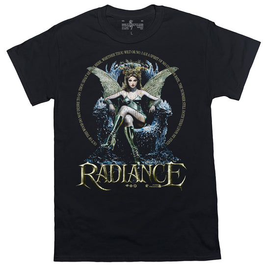 Black front view Radiance fae graphic T-shirt with circular text and ornate logo
