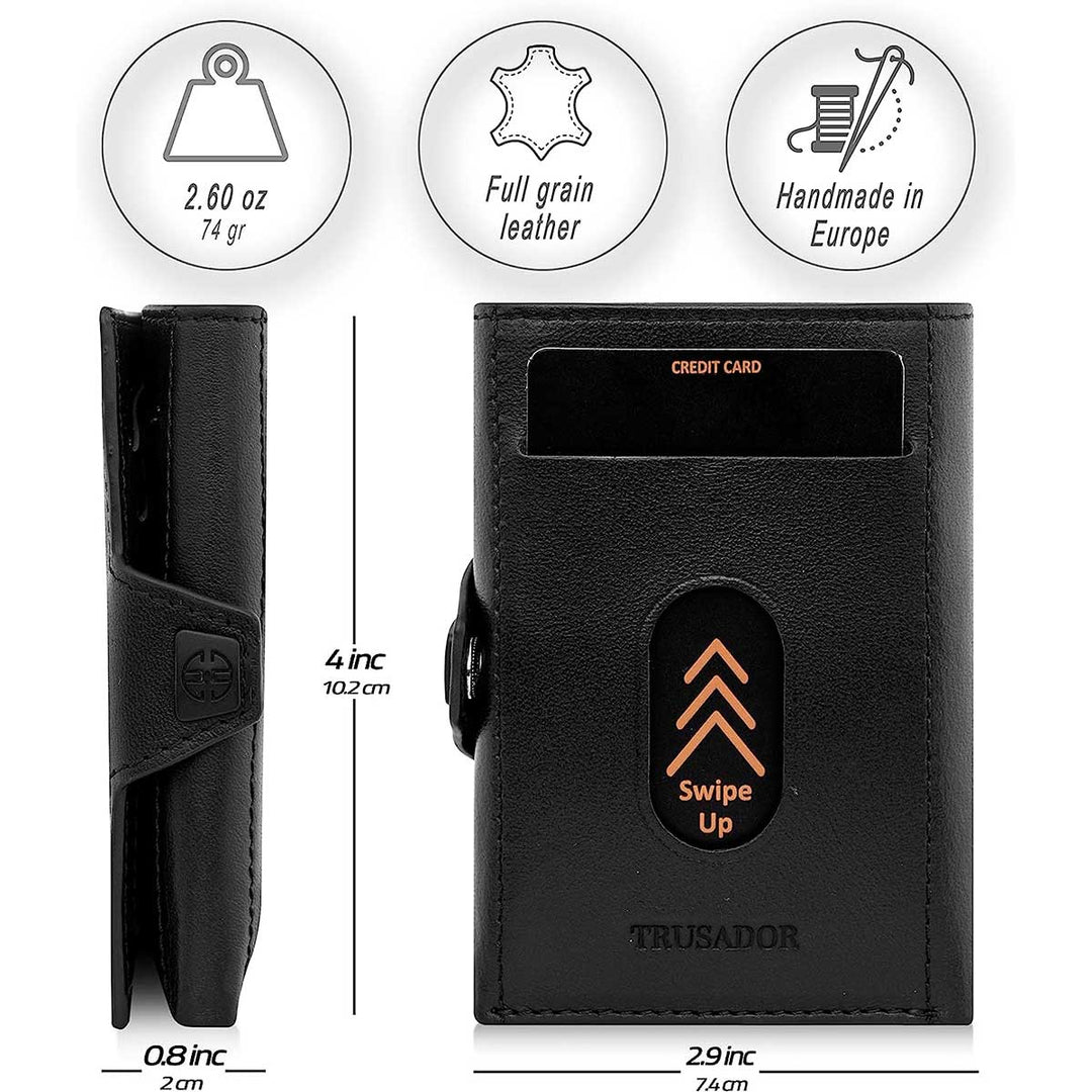 Toscana trifold leather wallet, black, open layout with side strap and card holders