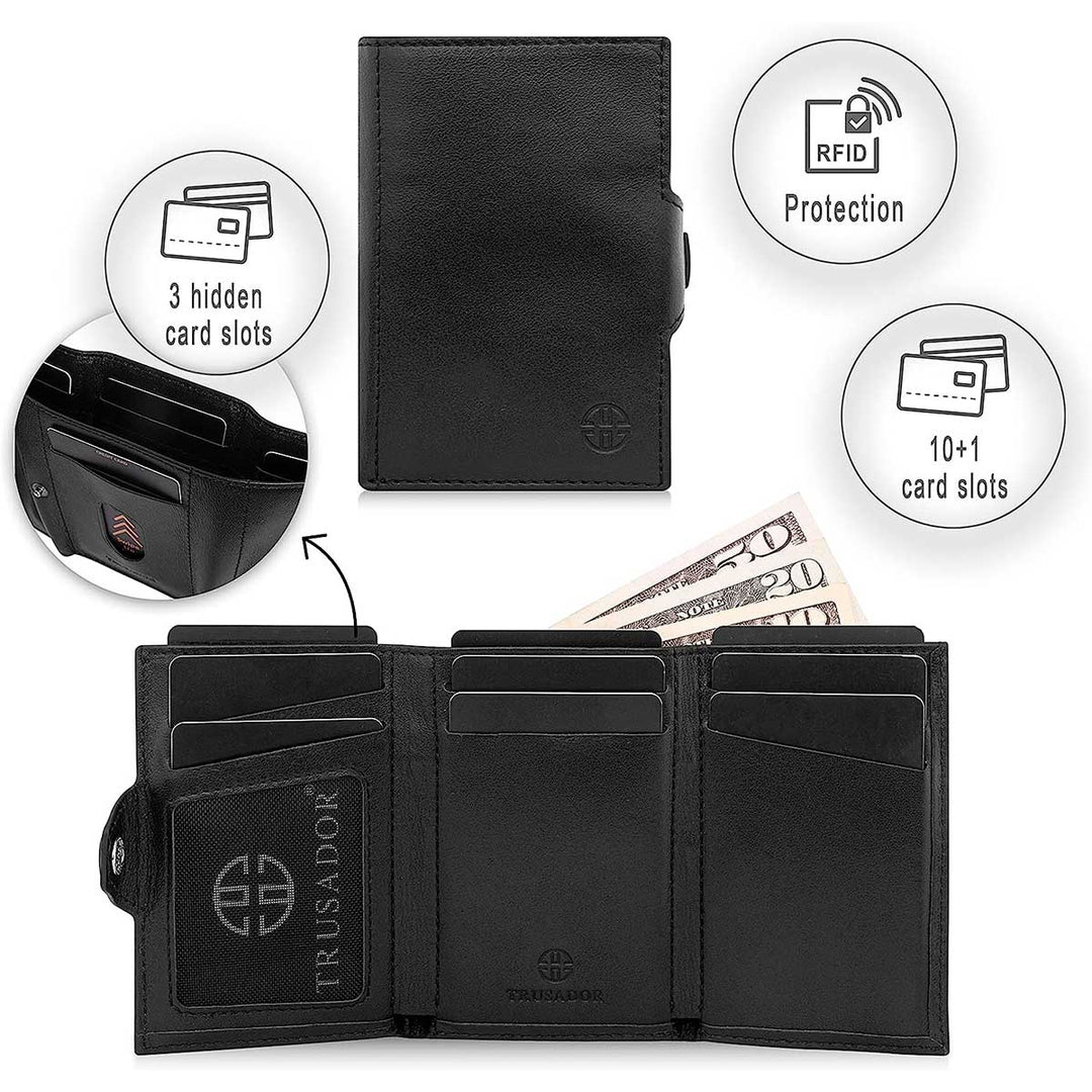 Toscana trifold leather wallet, black, multiple card slots with RFID protection feature