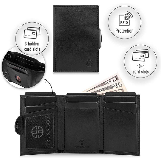 Toscana trifold leather wallet, black, multiple card slots with RFID protection feature