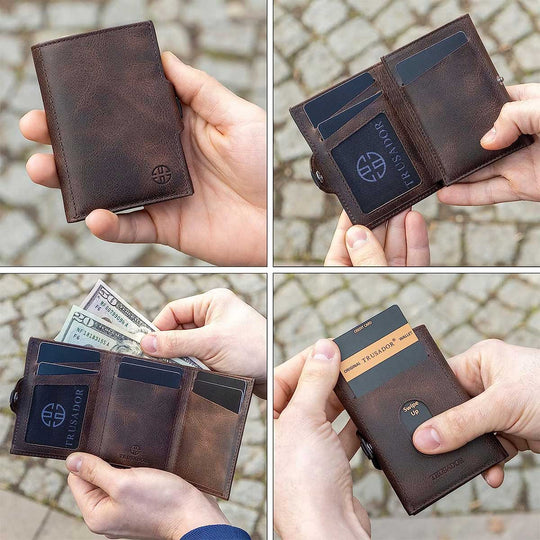 Toscana trifold leather wallet, brown, card slots and coin-clip flap on the inside