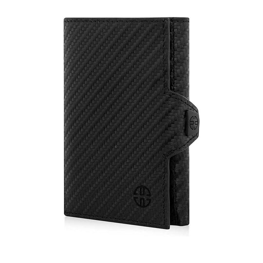 Carbon Black Trifold Lederbörse mit geflochtener Textur, Prägung vorn