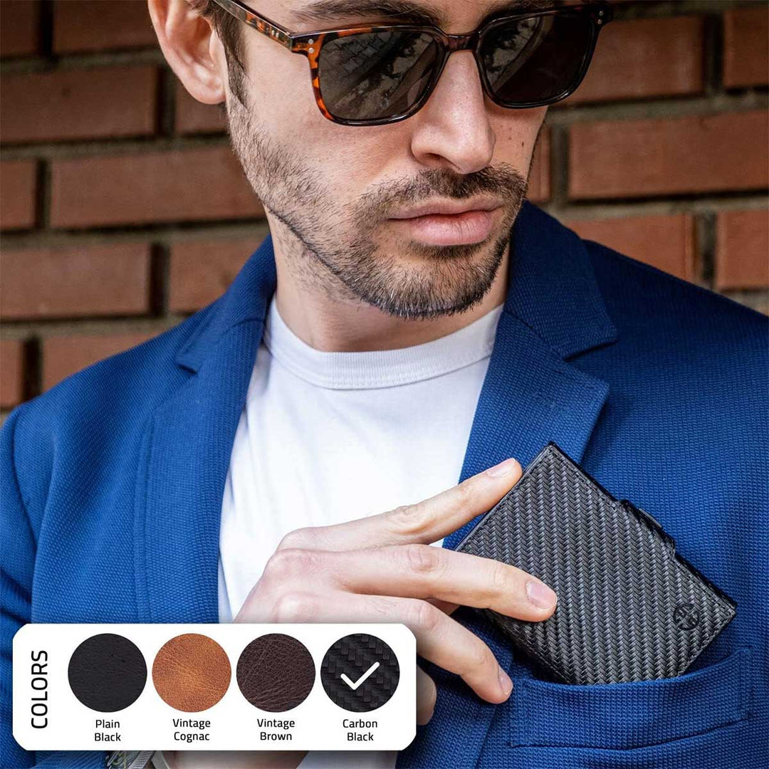 Carbon Black Trifold Lederbörse mit geflochtener Oberfläche, Front-Logo