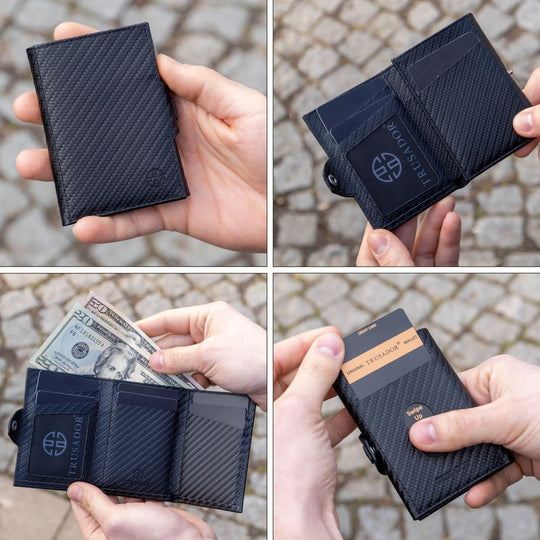 Toscana trifold leather wallet, black carbon texture, front view with card pockets