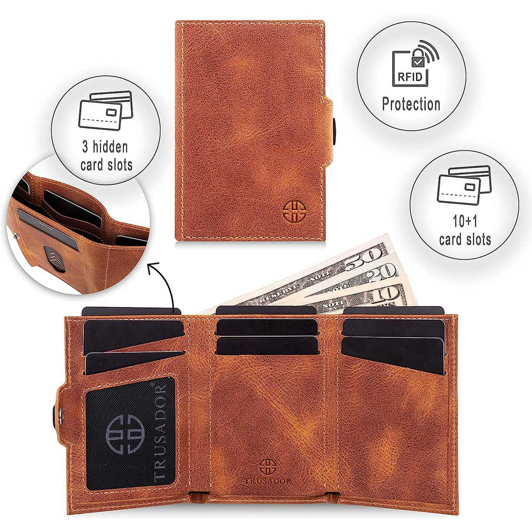 Cognac Trifold Lederbörse innen: 3 verdeckte Kartenfächer und RFID-Schutz