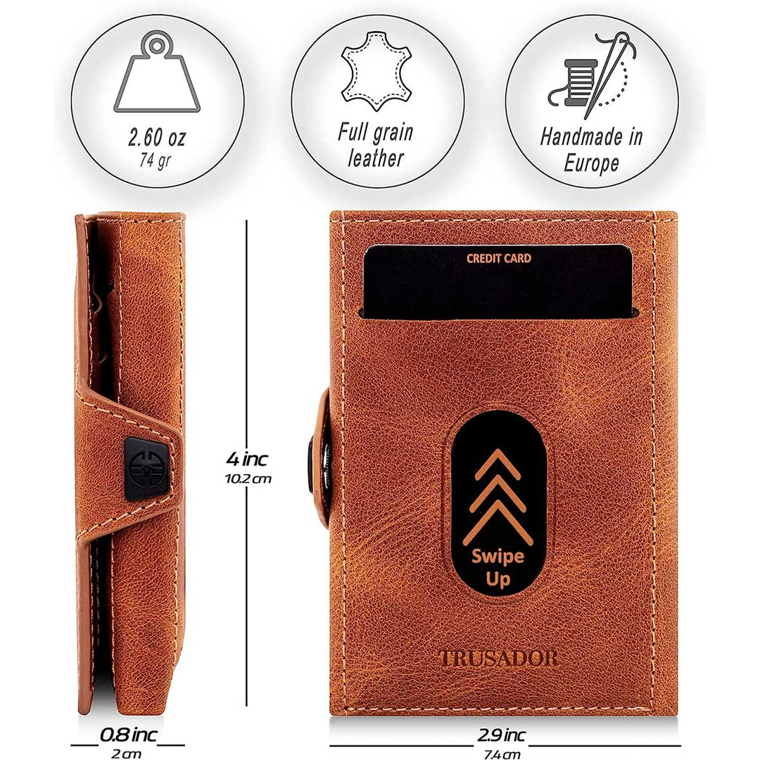 Cognacfarbene Trusador Trifold Lederbörse, RFID-Schutz und mehrere Kartenfächer