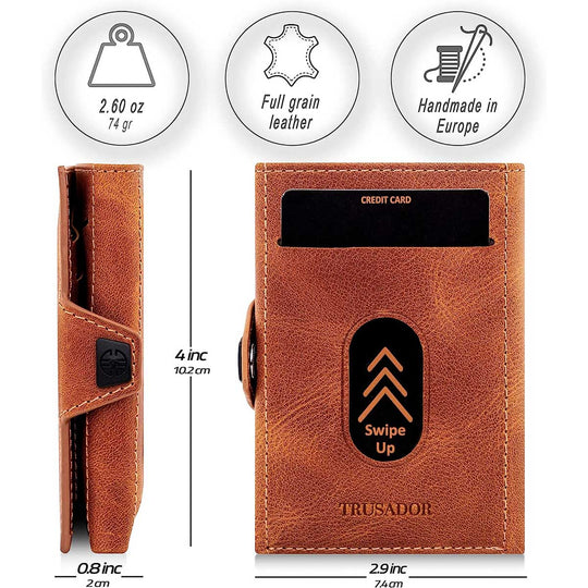 Cognacfarbene Trusador Trifold Lederbörse, RFID-Schutz und mehrere Kartenfächer